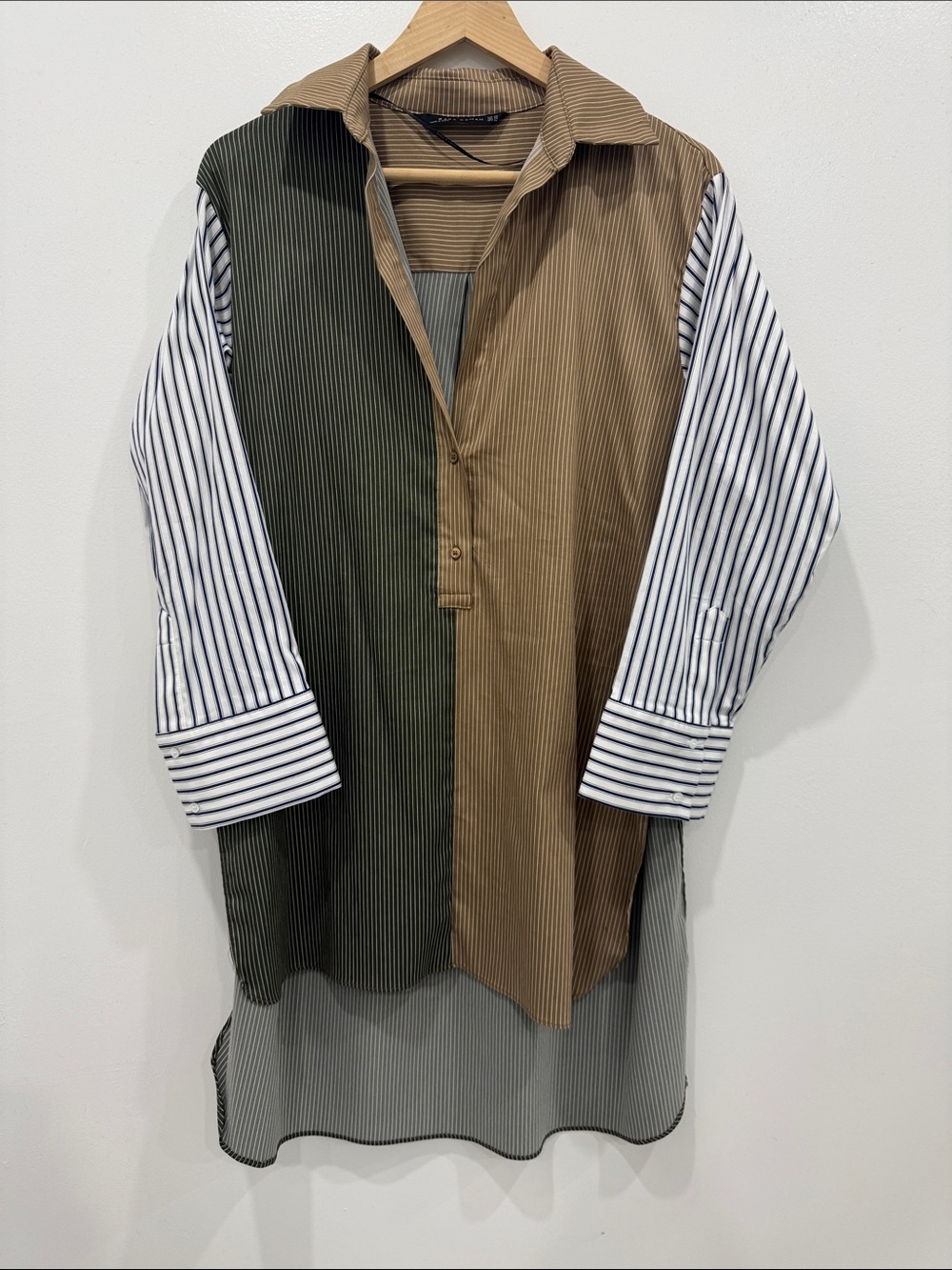 Zara Colorblock Striped Longline Shirt Jacket in Olive, Khaki & White